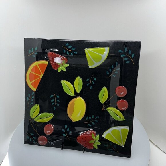 Large 14" Recessed Square Platter Vibrant Fused Glass Fruit on Black Background - Picture 4 of 9